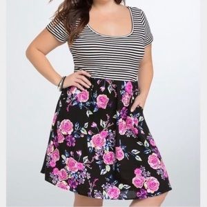 Torrid Floral/Striped Knit to Woven Skater Dress 2X
